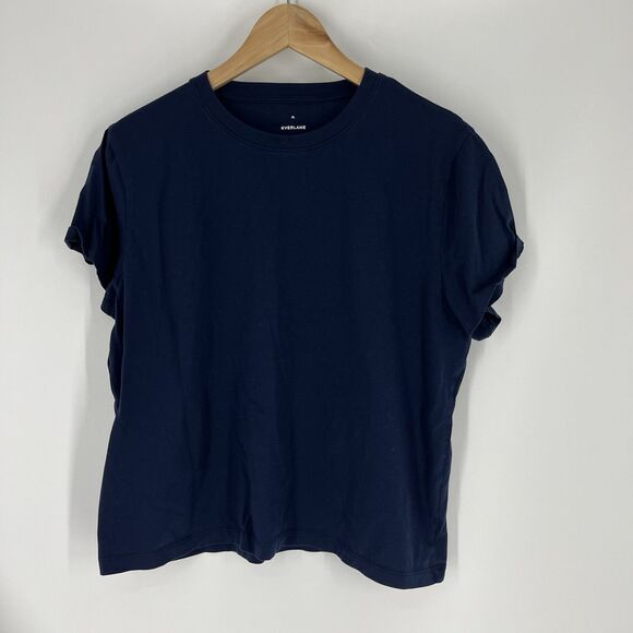 Everlane Tee Size XL Navy Organic Cotton Boxy Crop T Shirt Tee Minimalist Basic - Picture 1 of 7